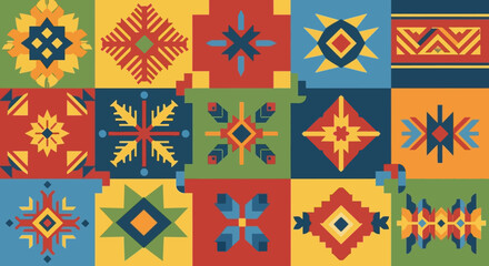 Colorful Geometric Quilt Pattern with Southwestern and Native American Motifs.