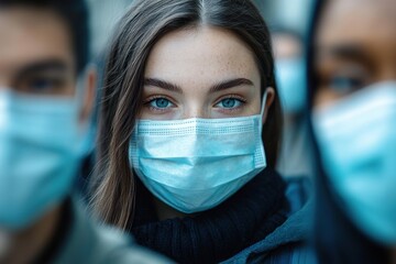 Young woman with striking blue eyes wearing a medical face mask in a crowd, conveying a sense of caution and attentiveness