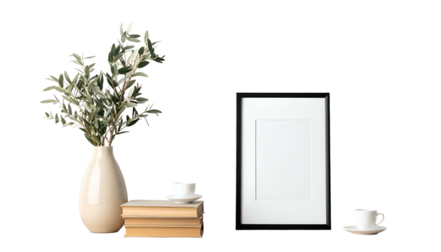 Still life vase with leafy sprigs, books, framed art, and teacups set against black