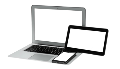 Silver laptop, black tablet, and smartphone with blank screens, side by side