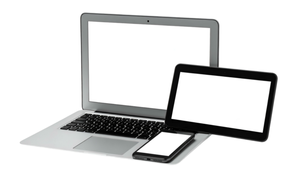 Silver laptop, black tablet, and smartphone with blank screens, side by side