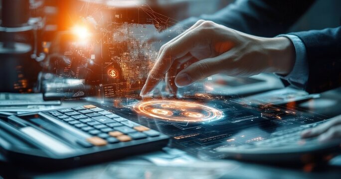 Close-up of hand interacting with futuristic digital financial interface over desk with calculator and documents in dim office environment