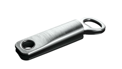 Metallic bottle opener, brushed metal finish, with a loop for hanging, set against black