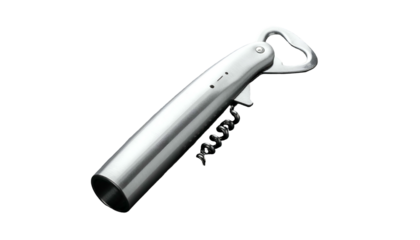 A shiny, stainless steel combination tool for opening wine bottles, resting on a black background
