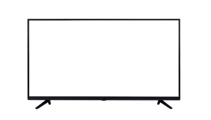 A sleek, rectangular, flat-screen device with black border and legs against a black background