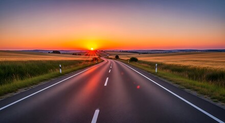 Road leading to the sunset over a field.