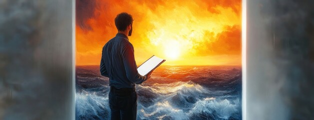 Man standing indoors looking at the vibrant sunset over stormy ocean waves holding an open book, evoking contemplation and serenity