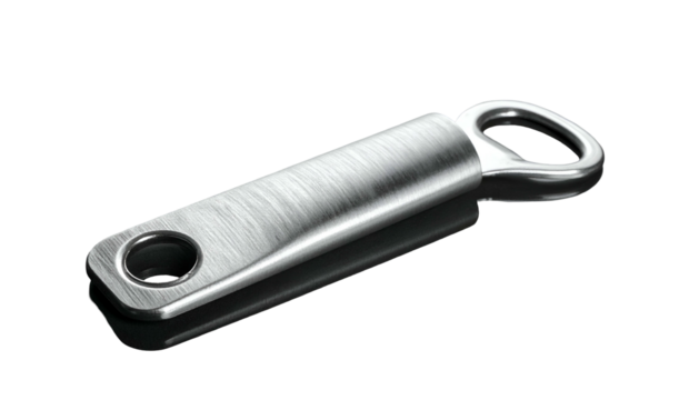 Metallic bottle opener, brushed metal finish, with a loop for hanging, set against black