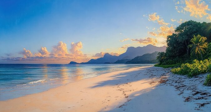 Peaceful sandy beach with gentle waves, tropical greenery, palm trees, and mountains under a bright blue sky with fluffy clouds at sunset
