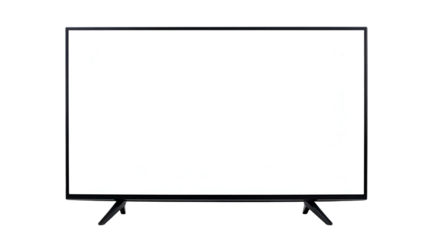Flat-screen television with a blank white display and black frame, on a black background