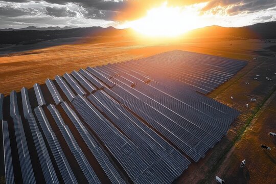 Aerial view of solar panels installed on grassy land at sunset with mountains in the background and grazing cows nearby under a partly cloudy sky