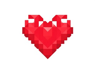 A geometric, pixelated red heart on a white background