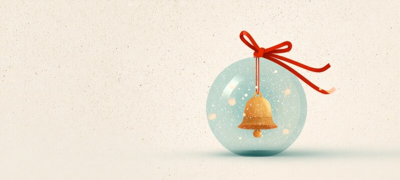 Magical Christmas ornament ball with soft glowing glass, featuring simple festive golden bell with red ribbon, minimal flat style, bright and charming, centered composition