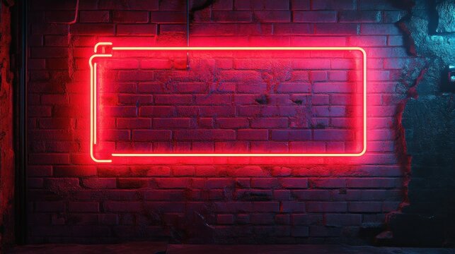 Red neon light rectangle glowing on a textured dark brick wall in a dimly lit urban setting