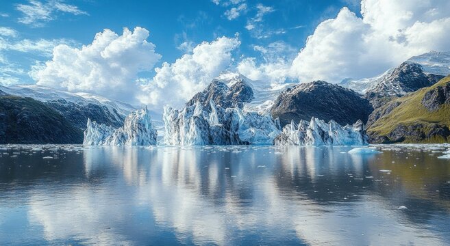 Calm glacial lake with ice formations surrounded by snowy mountains under a bright blue sky with scattered white clouds