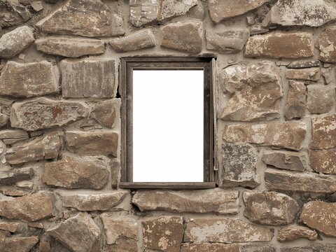 Blank vertical wooden frame mockup in a rustic stone wall. Empty space for text or image.