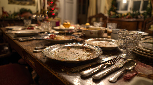 platos sucios y trastes sucios sobre la mesa de comedor despues de la cena navide&ntilde;a o convivencia familiar en navidad 