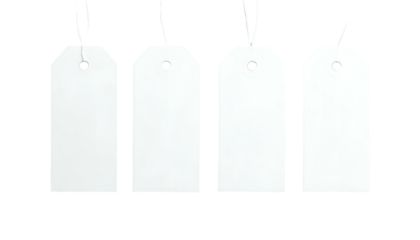 Four identical white rectangular tags with string loops, isolated on black background
