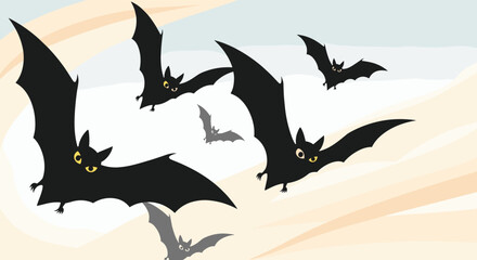 Obraz premium A cartoon-style illustration depicts a group of black bats with glowing yellow eyes flying through a light-colored sky, suggesting a nocturnal scene.