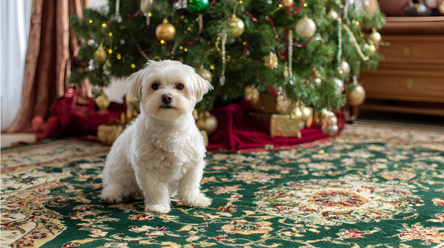 un perro adorable y amistoso sentado en un tapete junto a un arbol de navidad decorado con regalos navide&ntilde;os para la celebracion de navidad con espacio de copia 
