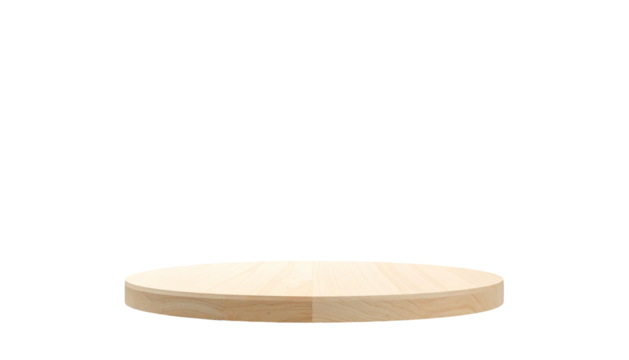 A simple, round wooden platform, isolated against a solid black background
