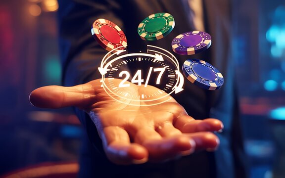 24/7 Online Casino Concept Poker Chips in Hand for Entertainment Design - Powered by Adobe