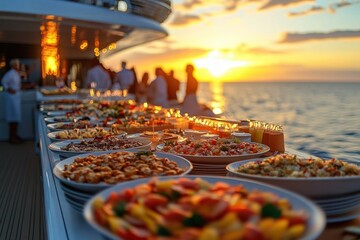 Outdoor buffet dinner setup on a boat at sunset with various colorful dishes served on white plates and people blurred in the background by the sea