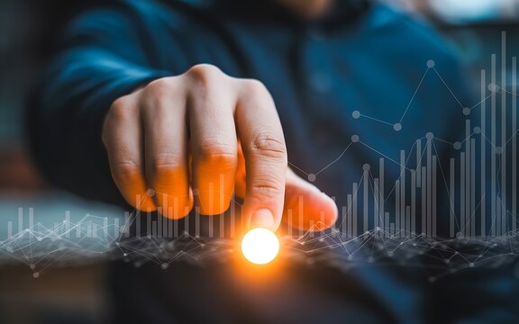 Human hand touching glowing data point, future business growth and technology innovation