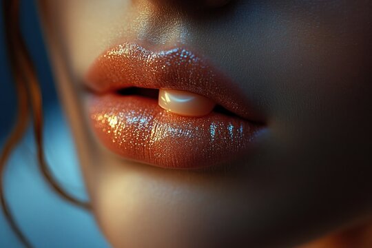 Close-up of glossy, shimmering lips slightly parted with a soft warm light highlighting smooth skin texture and fine details