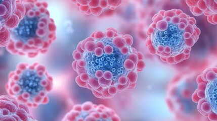 Close-up 3D visualization of spherical virus particles with blue and pink surface structures floating in a soft light environment