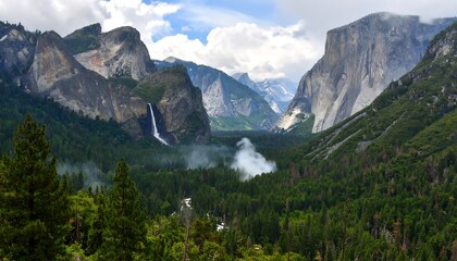 Fototapeta premium A breathtaking panorama of a lush valley enclosed by towering rock formations, with a cascading waterfall and soft clouds