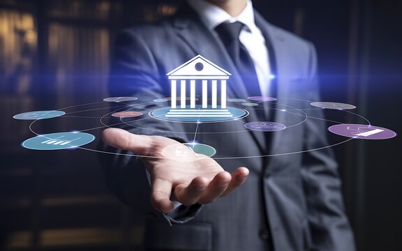 Financial Services Business Woman Holding A Bank Icon With Network Connections