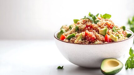 Quinoa salad with avocado, tomatoes, parsley, and olive oil on white table