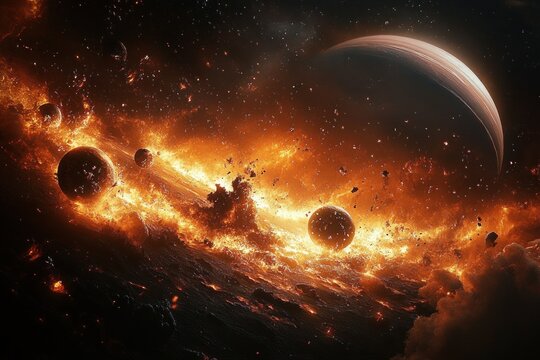 Fiery cosmic explosion with numerous burning asteroids and planets amidst glowing molten debris in deep space