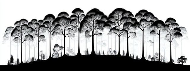Black and white silhouette of tall, thin trees on a hill with a misty, ethereal atmosphere creating a calm and contemplative mood