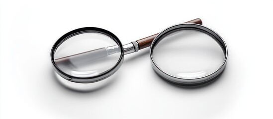 Two magnifying glasses with wooden handles placed on a white surface, one upright and one lying flat, showing clear glass lenses reflecting light