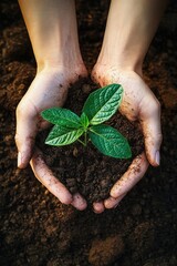 Hands gently holding a small green seedling growing in rich soil symbolizing care and growth