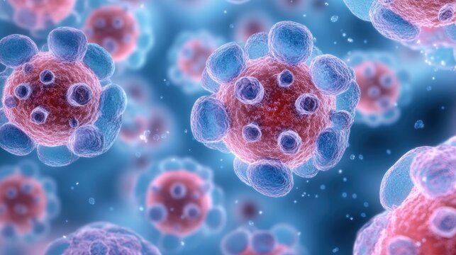 Close-up microscopic view of virus particles with red core and blue outer structures floating in a soft focused fluid environment