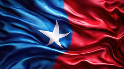 Close-up of a waving fabric flag with a large white star on a blue background and a red field beside it, showing detailed texture and vibrant colors