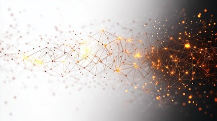 Abstract network of interconnected glowing orange nodes and lines forming a dynamic digital mesh on a gradient background from white to dark gray