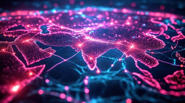 Digital glowing map of interconnected continents with illuminated network nodes and pathways symbolizing global communication and technology