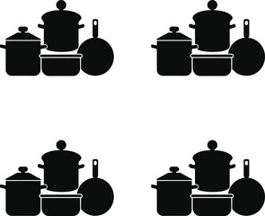 Vector collection of kitchen cookware pots pans and skillets in a simple silhouette style. 