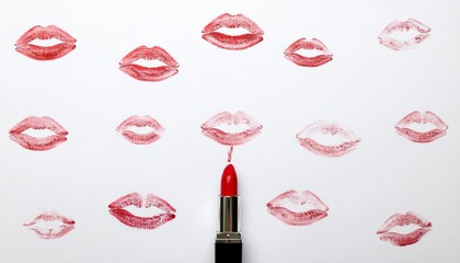 白背景に並ぶリップスタンプと赤い口紅の整列デザイン generative ai