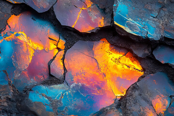 Rare mineral deposits glowing under artificial light with vibrant blue and orange hues creating fiery and mystical appearance on cracked rock surface