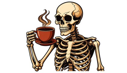 A cartoon skeletal figure holds a steaming coffee cup. The image is set against a clean white background. The skull is fully visible