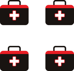 Vector illustration identical red and black first aid kits with white crosses on a white background. 