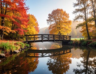 Morning sunlight over wooden bridge and autumn forest reflected in calm river