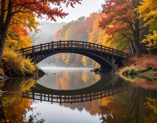 Wooden bridge over calm autumn river with colorful forest reflection