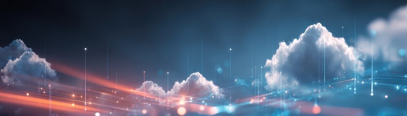 Abstract digital cityscape with interconnected lines and glowing clouds representing technology connectivity and futuristic innovation