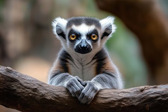 A close-up of a curious ring-tailed lemur resting its arms on a tree branch while looking directly ahead with bright amber eyes